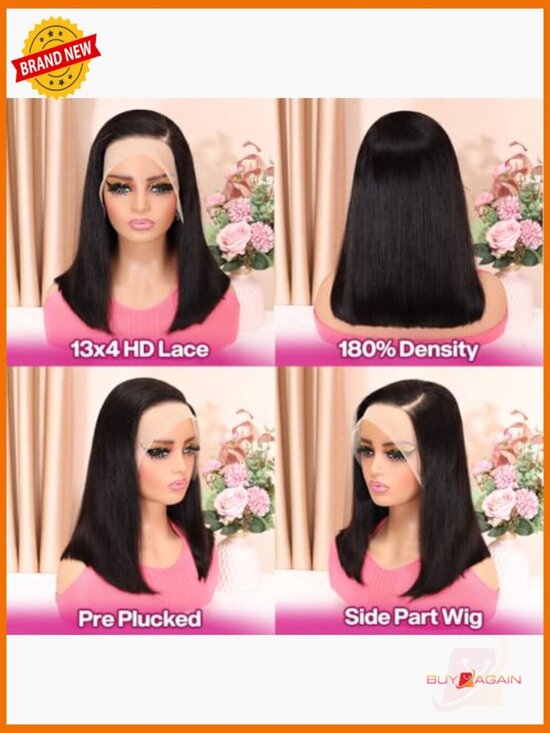 100% Human Hair Bob Wig 13x4 HD Lace Front Glueless Pre Plucked 14 Inch main image 6